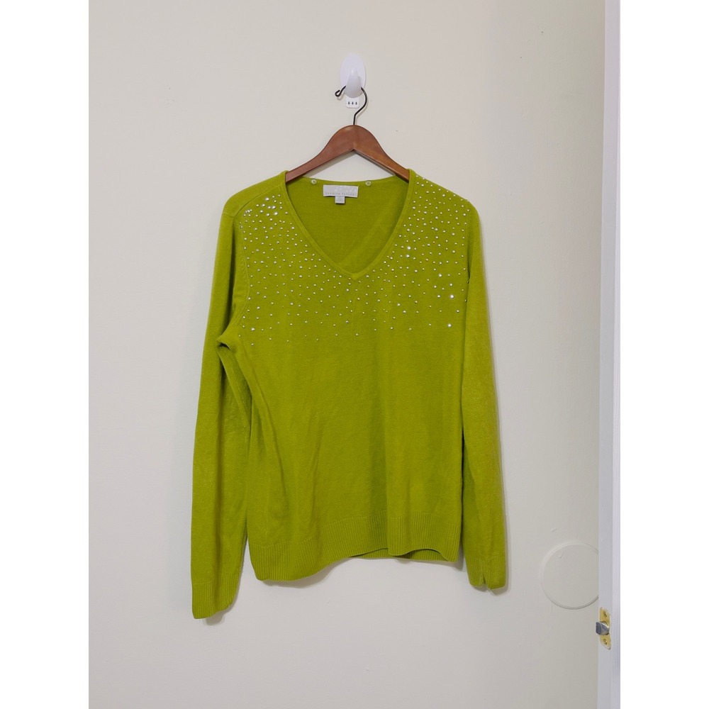 Carolyn Taylor Women Sweater XL Chartreuse Green Rhinestone V-Neck Long Sleeve